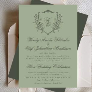 Invitation Mariage Vintage Crest Olive Verte sur Monogramme S