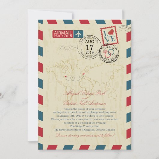 Invitation Mariage Vintage d'Airmail Ontario Canada & Belgiqu (Devant)