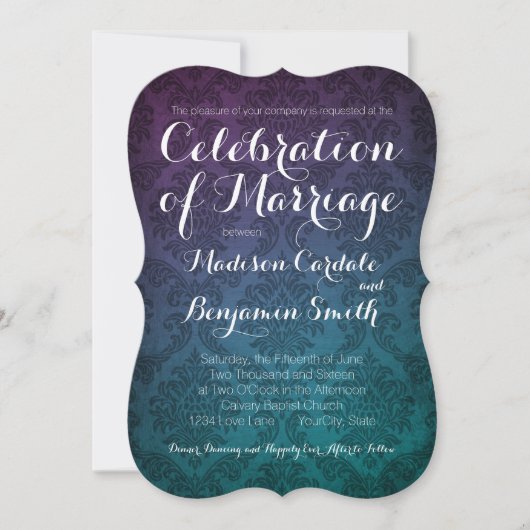 Invitation Mariage Vintage Damask Purple Aqua Ombre (Devant)