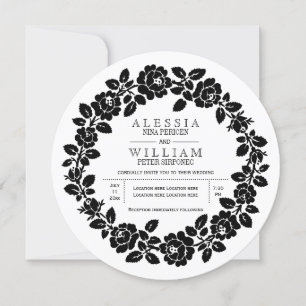 Invitation mariage vintage de couronne de rose noire et blanc