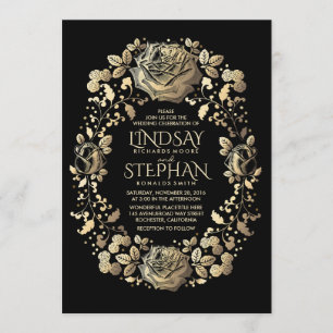 Invitation Mariage Vintage de couronnes florales noir et or