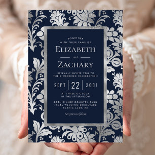 Invitation Mariage Vintage de motifs floraux bleu marine