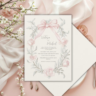 Invitation Mariage Vintage de Sauge Verte avec un Ruban Rose