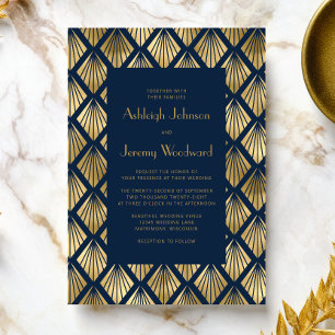 Invitation Mariage Vintage Deco Or Navy Blue 1920s