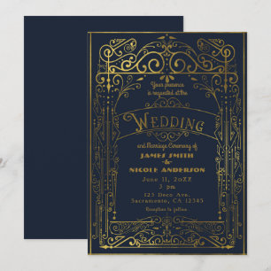 Invitation Mariage Vintage Déco Victorien Bleu Nuit & Or