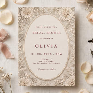 Invitation Mariage Vintage Dentelle Perle Ovale Crème