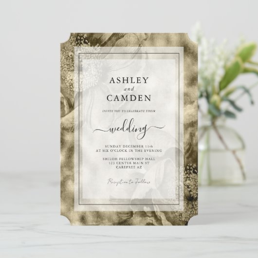 Invitation Mariage vintage doré (Debout devant)