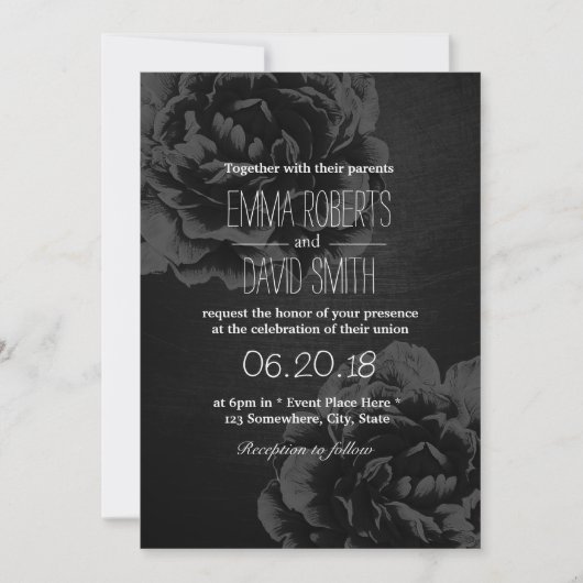 Invitation Mariage Vintage Élégant Fleuris Noir (Devant)