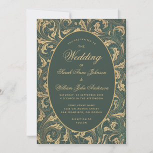 Invitation Mariage Vintage Feuilles de Chardon Vert Or Élégan