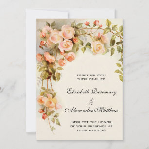 Invitation Mariage Vintage, Fleurs de Rose Rose Antique Flora