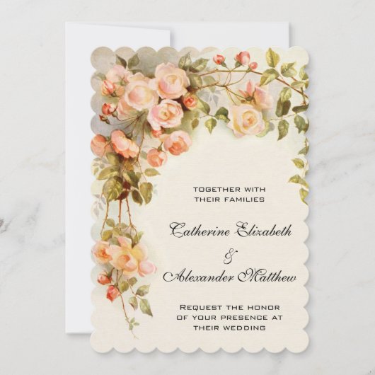 Invitation Mariage Vintage, Fleurs Rose Antique Floral (Devant)