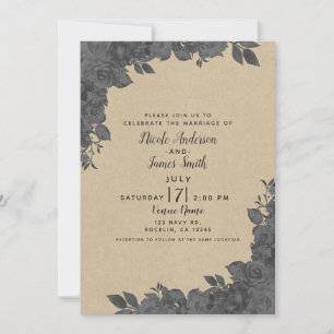 Invitation Mariage Vintage Fleurs Roses Noir et Kraft