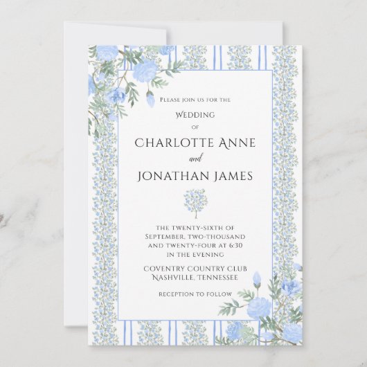 Invitation Mariage Vintage Floral Bleu (Devant)