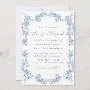 Invitation Mariage Vintage Floral Bleu Poussiéreux