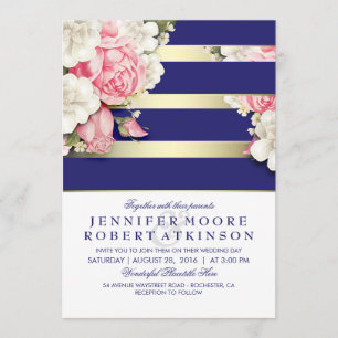 Invitation Mariage Vintage Floral Navy et Gold Stripes