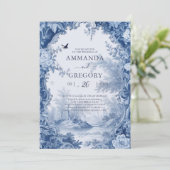 Invitation Mariage vintage Floral Toile Bleu (Debout devant)