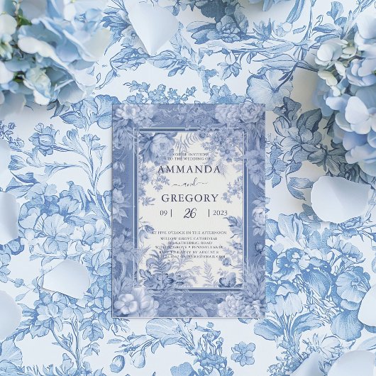 Invitation Mariage vintage Floral Toile Bleu