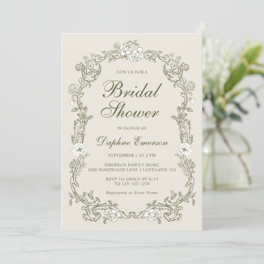 Invitation Mariage Vintage Floral Vert (Debout devant)