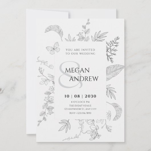 Invitation mariage vintage gris à fleurs (Devant)