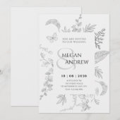 Invitation mariage vintage gris à fleurs (Devant / Derrière)