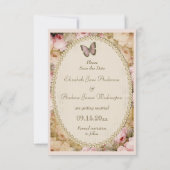 Invitation Mariage Vintage Jour à Sauvegarder Roses & Papillo (Dos)