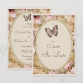 Invitation Mariage Vintage Jour à Sauvegarder Roses & Papillo (Devant / Derrière)
