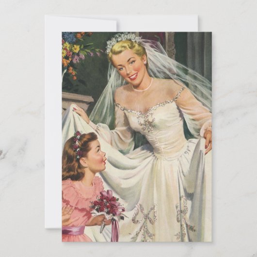 Invitation Mariage Vintage, Mariée Rétro avec Fille aux Fleur (Devant)
