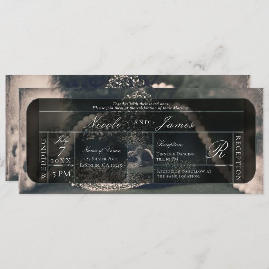 Invitation Mariage vintage Masquerade & Perles (Devant / Derrière)