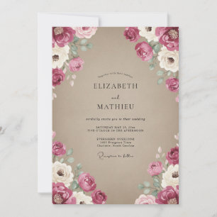 Invitation Mariage Vintage Mauve Taupe Ranunculus Eucalyptus