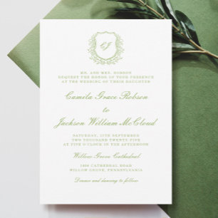 Invitation Mariage Vintage Monogramme Crête Blanc et Vert