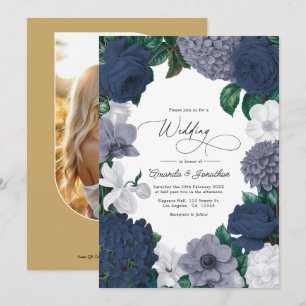 Invitation Mariage Vintage Navy, Gris Tempête et Blanc Porcel
