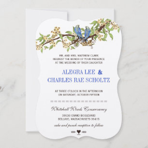 Invitation Mariage Vintage Oiseau Royal Bleu Cerisier Fleur