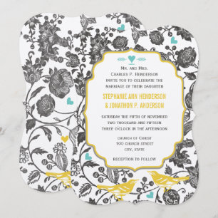 Invitation Mariage Vintage Oiseaux Amoureux Floral Gris Menth