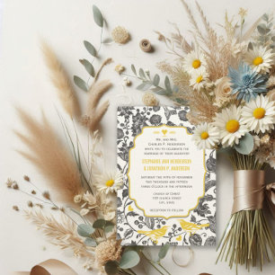 Invitation Mariage Vintage Oiseaux d'Amour Fleuris Gris et Ja