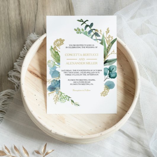 Invitation mariage vintage or et vert Eucalyptus