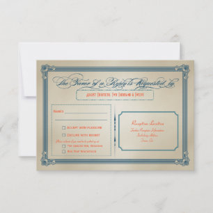 Invitation Mariage Vintage Orange, Sarcelle & Bleu - Réponse 