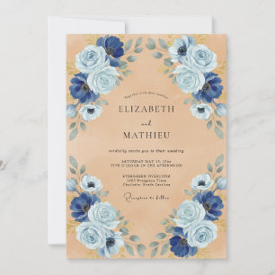 Invitation Mariage Vintage Orné Bleu Poussiéreux