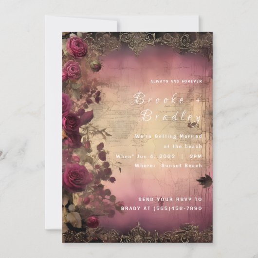 Invitation Mariage Vintage Parchemin & Rose (Devant)