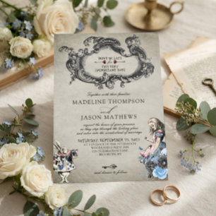 Invitation Mariage Vintage Poussiéreux Bleu Alice aux Pays de