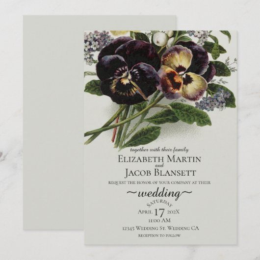 Invitation Mariage vintage Purple Pansy (Devant / Derrière)