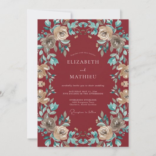 Invitation Mariage Vintage Raffiné Bordeaux (Devant)