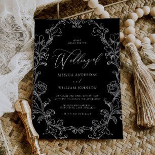 Invitation Mariage Vintage Rococo Noir & Blanc Dessin au Trai