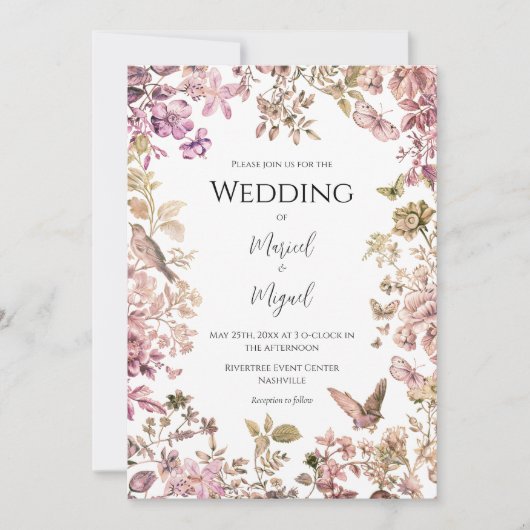 Invitation Mariage Vintage Rose Toile (Devant)