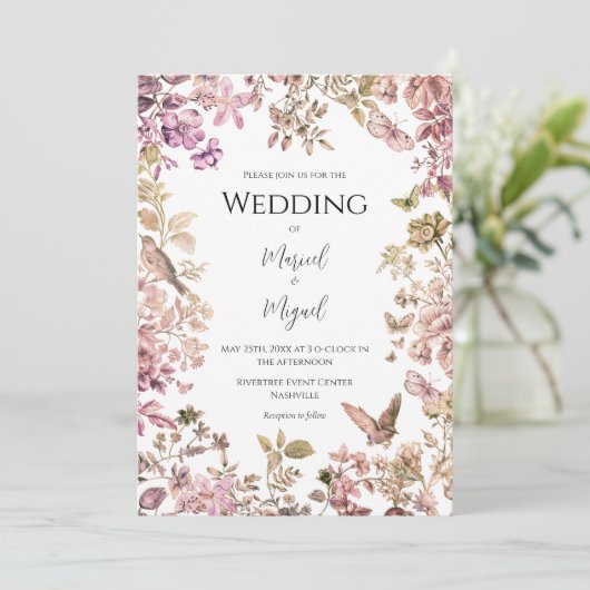 Invitation Mariage Vintage Rose Toile (Debout devant)