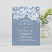 Invitation Mariage vintage Roses Bleu Élégant (Debout devant)