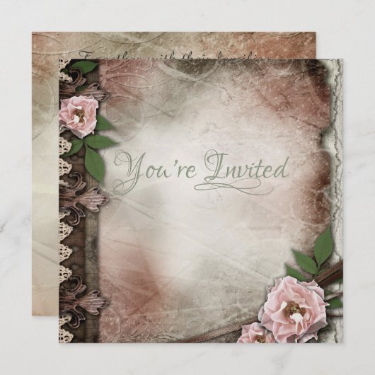 Invitation Mariage vintage Roses roses (Devant / Derrière)