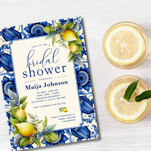 Invitation Mariage Vintage Tuile Bleue Citrons Douche de Mari