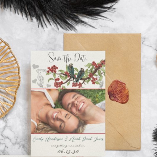 Invitation Mariage Vintage turquoise de fleurs rouges d'oisea