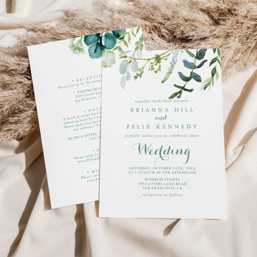 Invitation Mariage vintage vert Eucalyptus avant et arrière