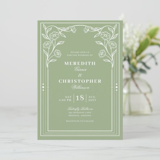 Invitation Mariage Vintage Vert Sage (Debout devant)